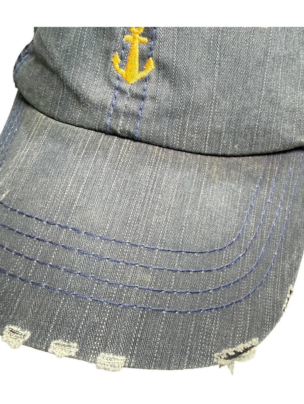 Ship Faced Anchor Logo Denim Trucker Hat Mesh Back Strapback Cap Distressed Blue - Picture 2 of 11